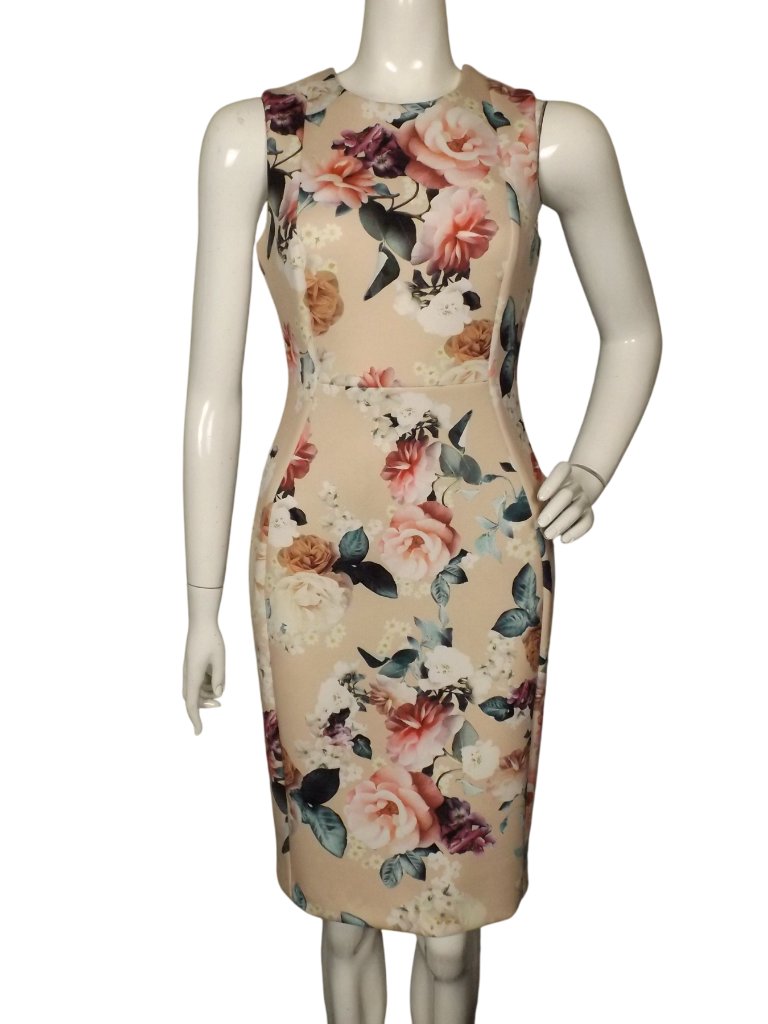 Calvin Klein Dress, 4, Scuba Sheath, Cream Blush/Rose Floral, Sleeveless, Zipper